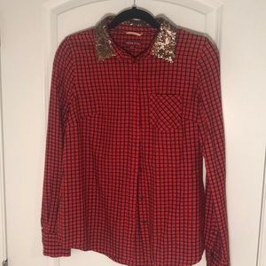 Merona Red Plaid Gold Sequin Collar Blouse S